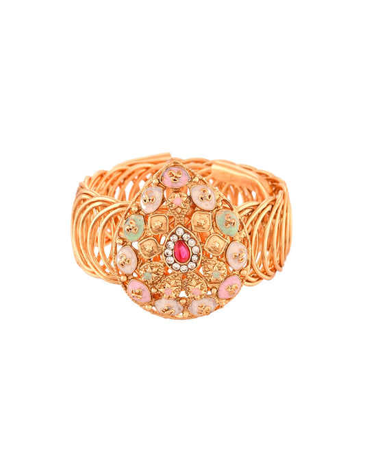 VOJ Stainless Steel Gold Polished Kundan Studded Wraparound Bracelet - Swadesiicart
