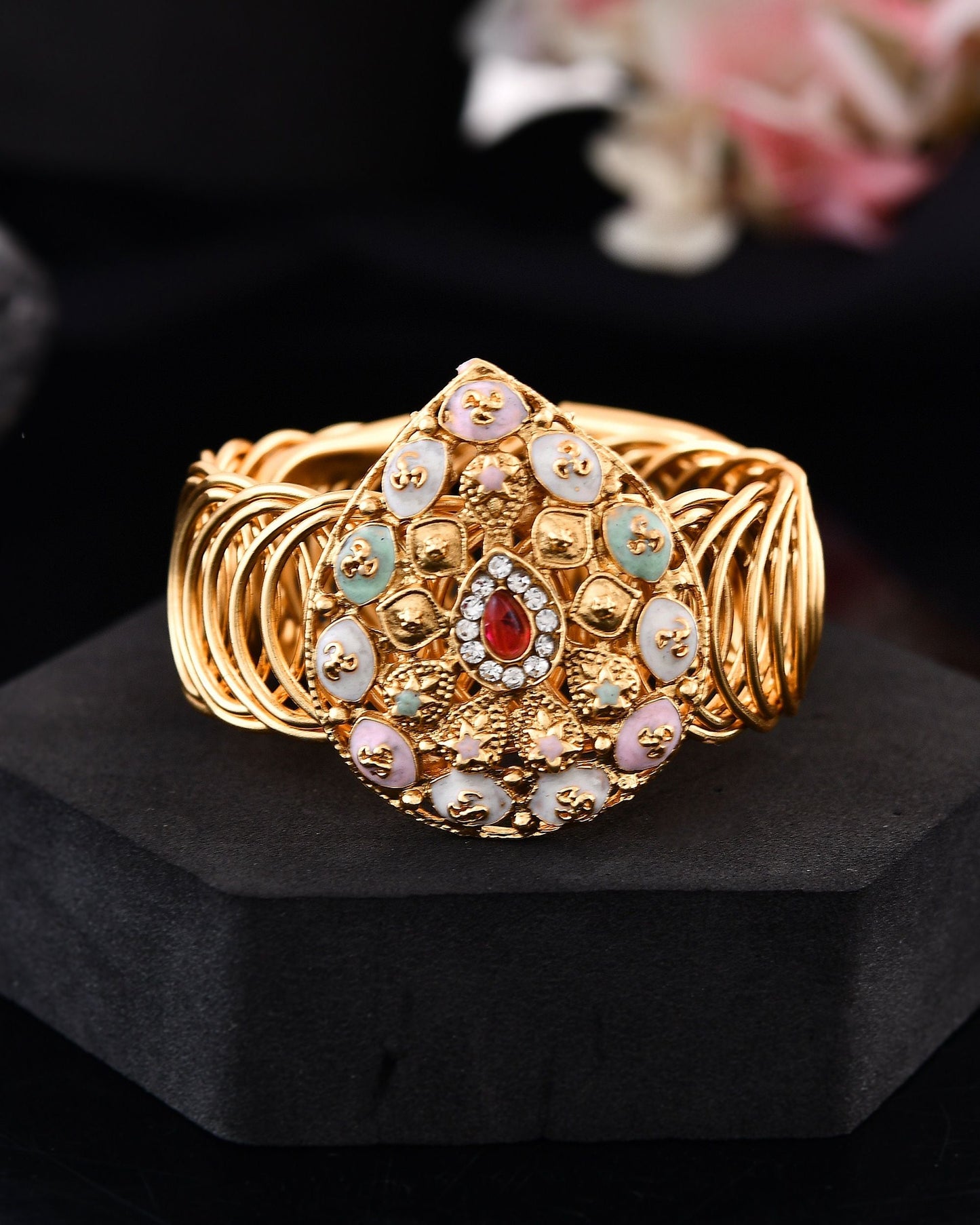 VOJ Stainless Steel Gold Polished Kundan Studded Wraparound Bracelet - Swadesiicart