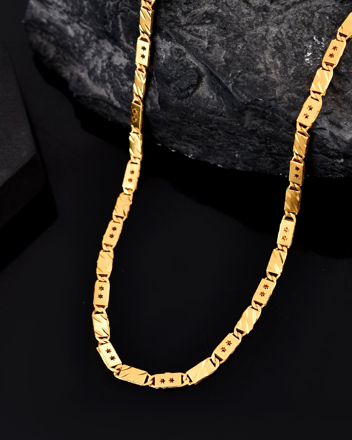 VOJ Men's Gold Polished Stainless Steel With Hand Crafted Design Biscuit Chain - Swadesiicart