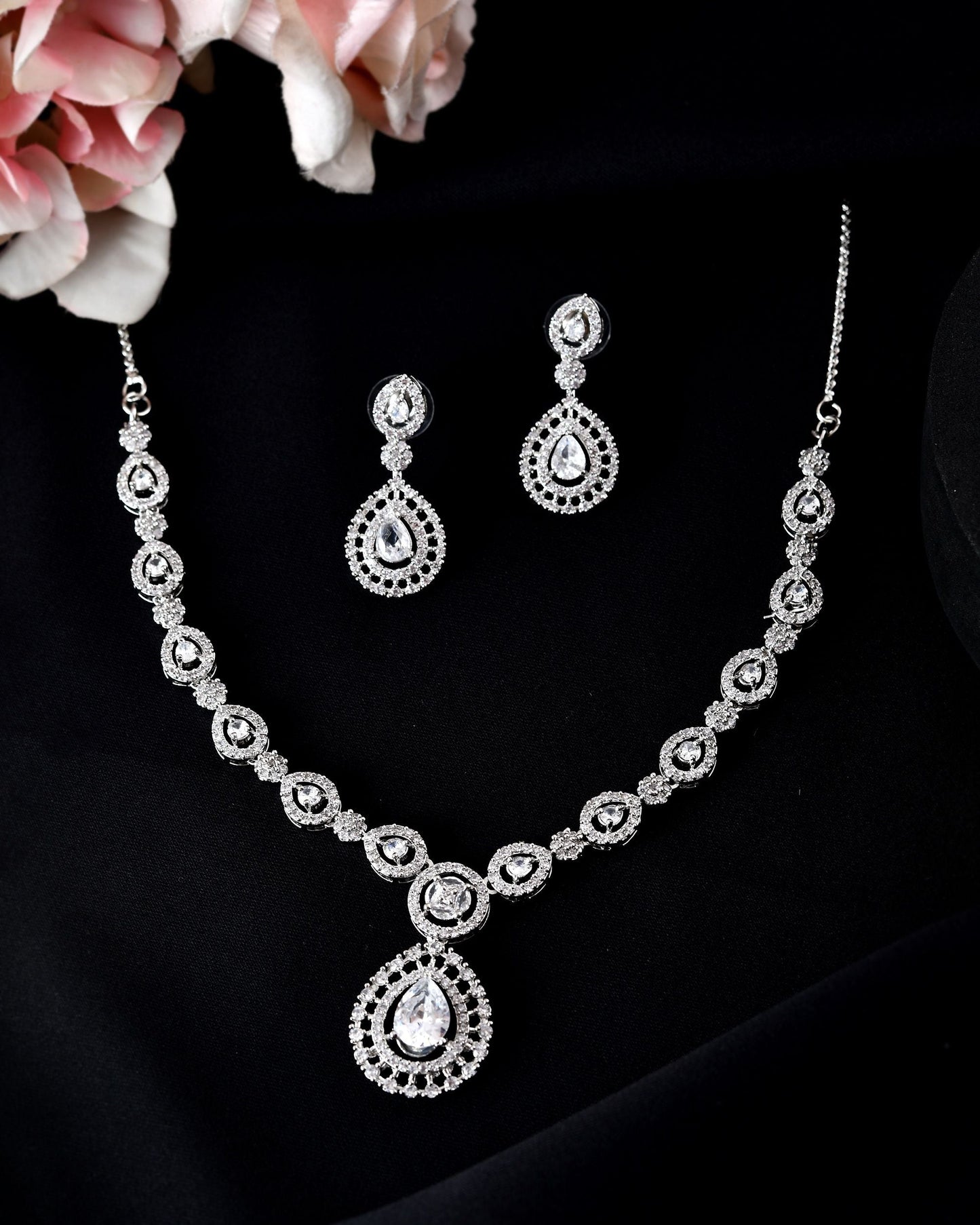 VOJ Silver Plated AD Stone Studded Elegant Necklace And Earrings Set - Swadesiicart