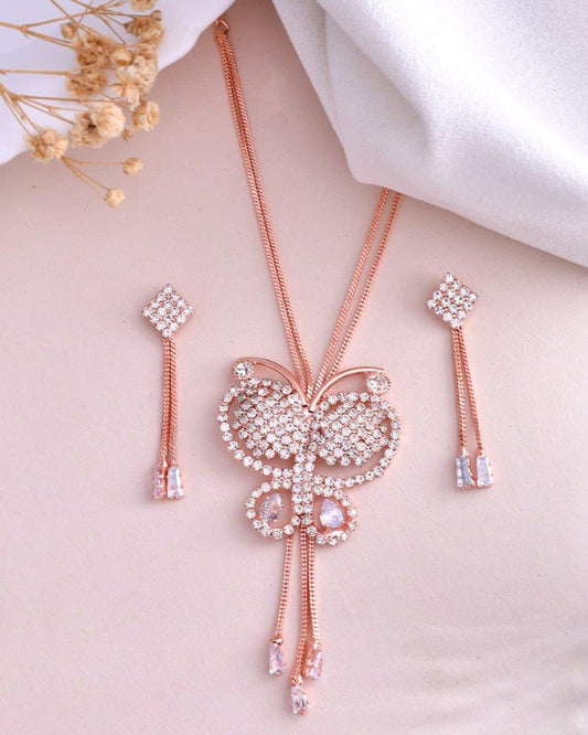 VOJ Rose Gold-Polished Butterfly Design Pendant Set
