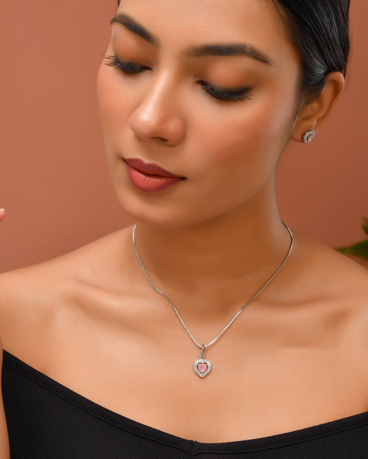 VOJ Silver Plated Baby Pink Stone Studded Heart Shaped Chain Set - Swadesiicart