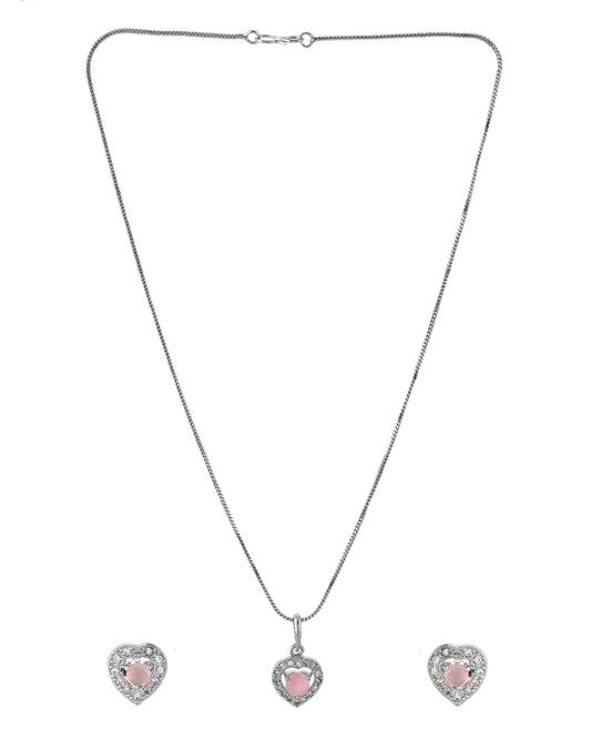 VOJ Silver Plated Baby Pink Stone Studded Heart Shaped Chain Set