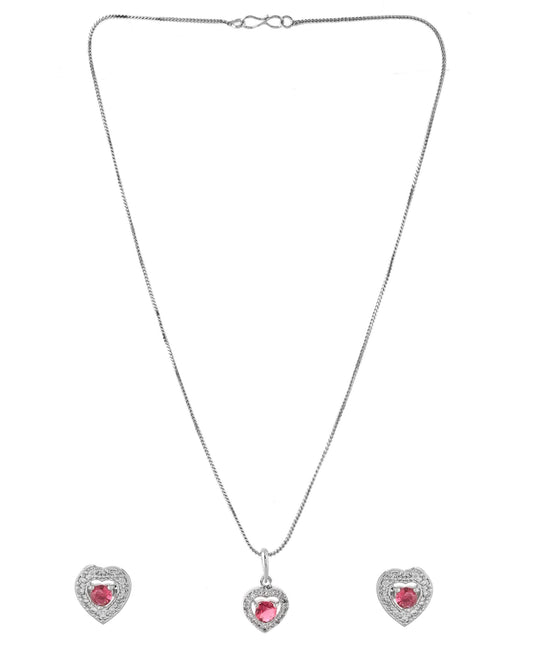 VOJ Silver Plated Pink Stone Studded Heart Shaped Chain Set