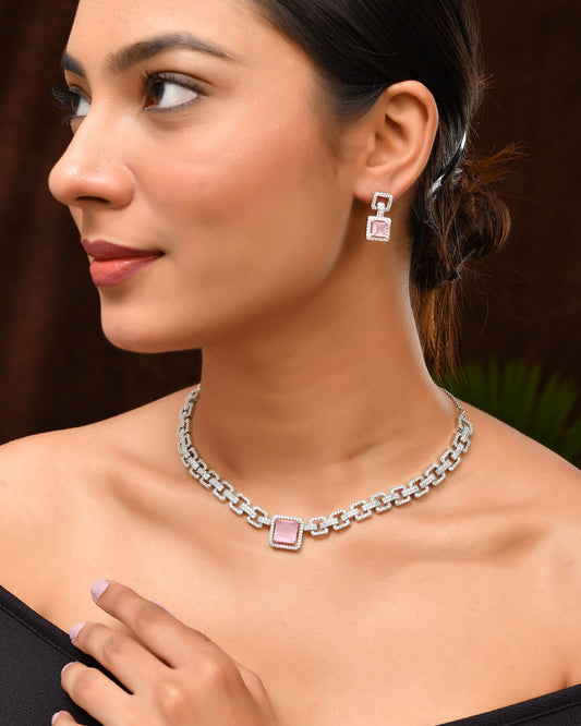 VOJ Silver Plated AD-Stone Studded Square Shaped Jewellery Set - Swadesiicart