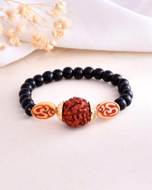 VOJ Rudraksh Black Beaded Elasticated Bracelet - Swadesiicart