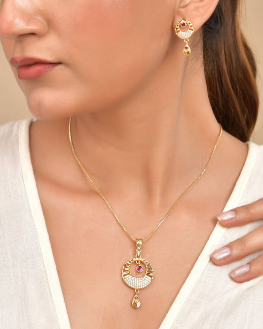 VOJ Gold Polished Circular Pendant With Chain And Earrings Set - Swadesiicart