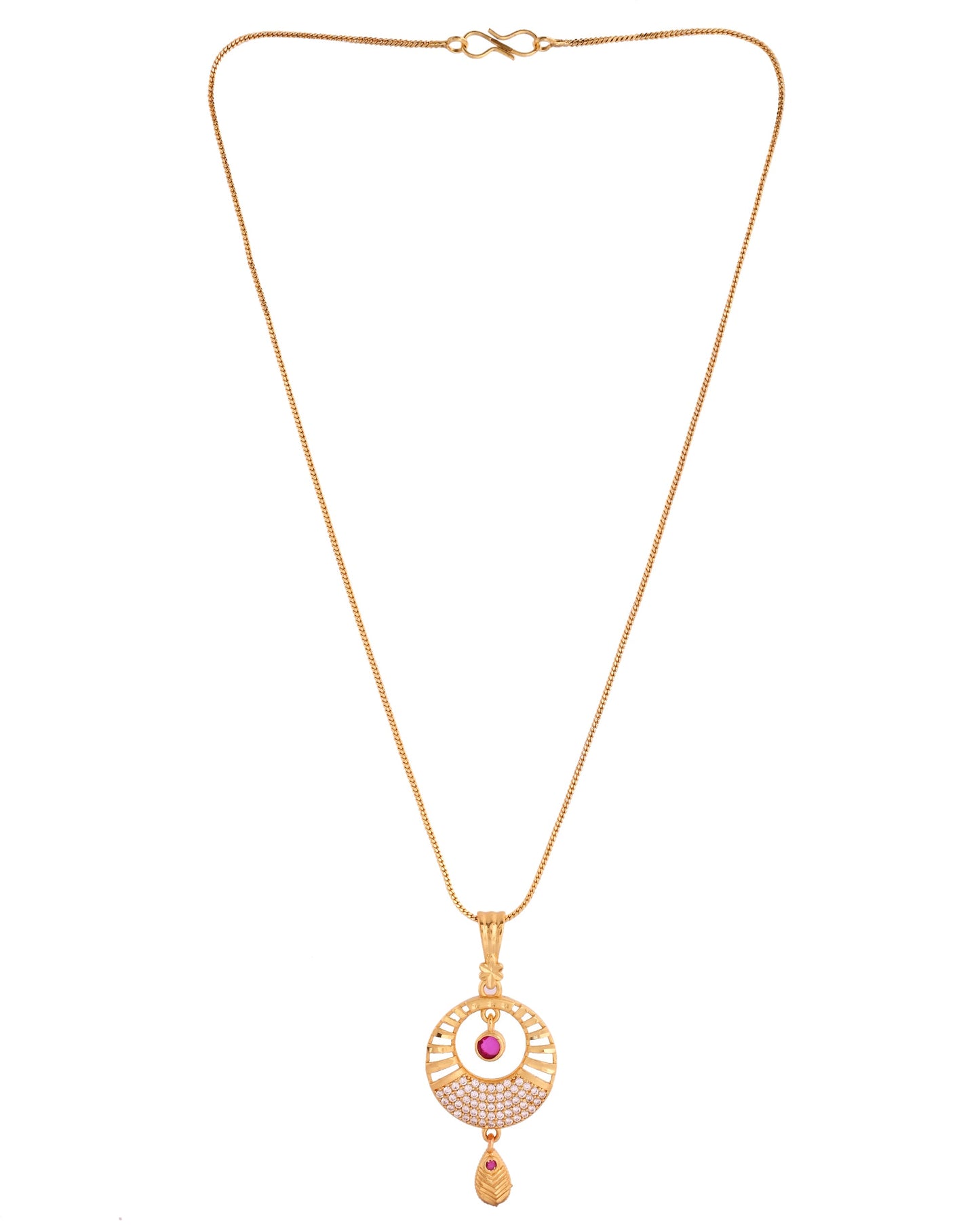 VOJ Gold Polished Circular Pendant With Chain And Earrings Set - Swadesiicart