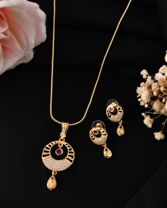 VOJ Gold Polished Circular Pendant With Chain And Earrings Set - Swadesiicart