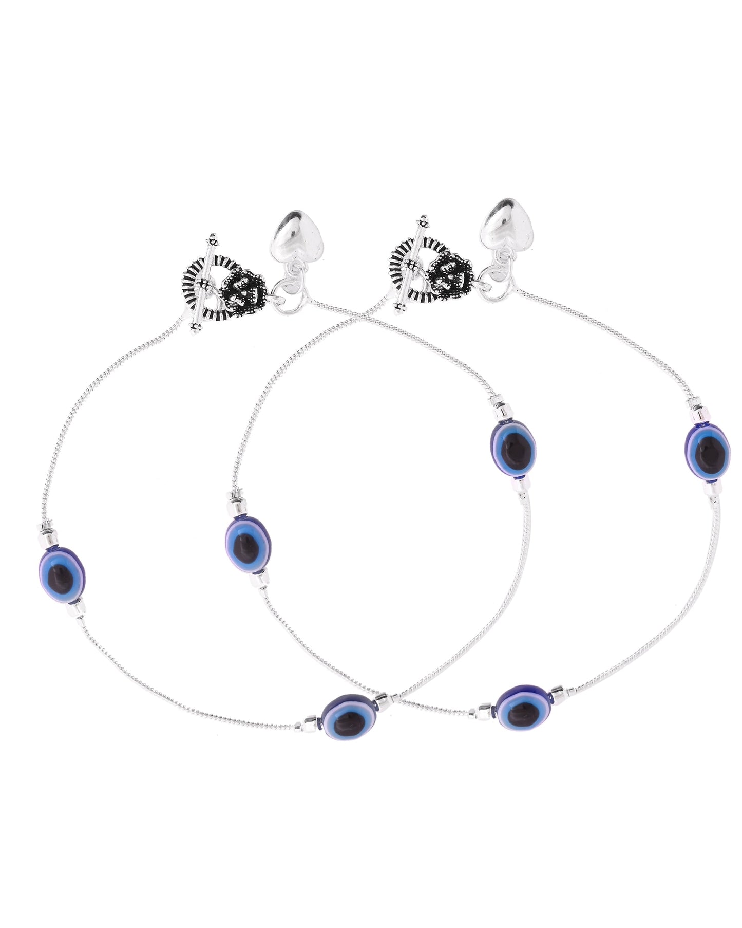 VOJ Set Of 2 Silver-Plated Stainless Steel Evil Eye Studded Anklet - Swadesiicart
