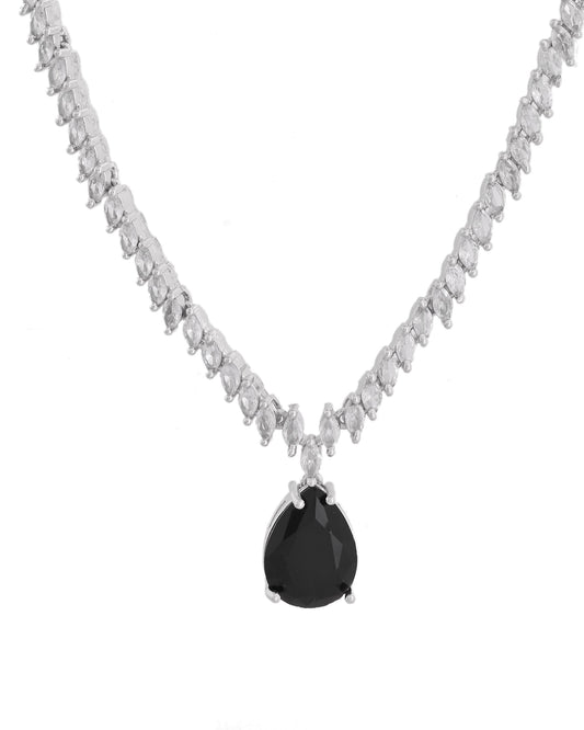 VOJ Silver Plated Black Teardrop Stone Studded Simple Jewellery Set | Swadesiicart