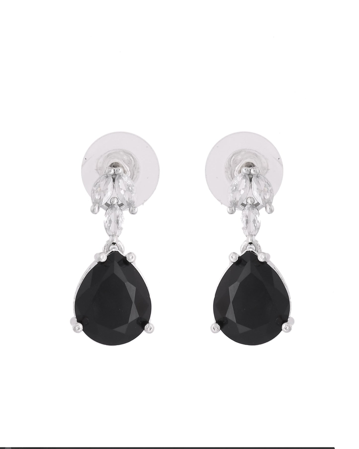 VOJ Silver Plated Black Teardrop Stone Studded Simple Jewellery Set | Swadesiicart