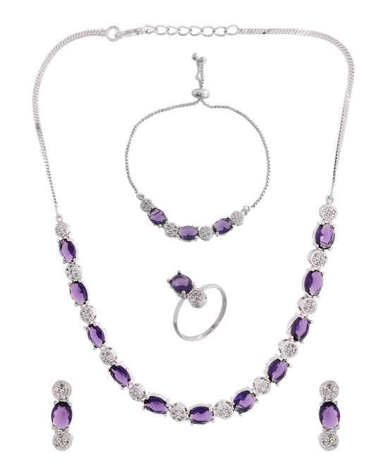 VOJ Silver Plated Purple Stone Studded Necklace With Earrings, Ring And Bracelet Set | Swadesiicart