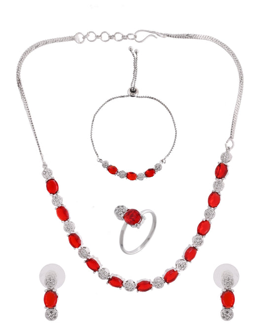 VOJ Silver Plated Red Stone Studded Necklace With Earrings, Ring And Bracelet Set | Swadesiicart