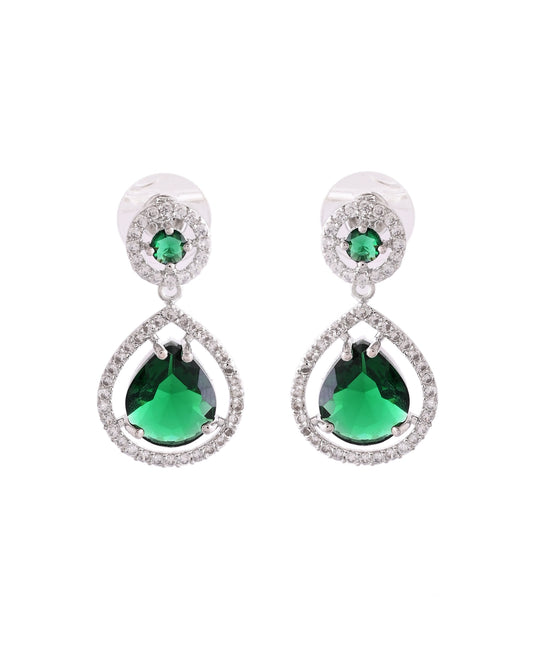 VOJ Silver Plated Green Stone Studded Teardrop Shaped Earrings - Swadesiicart