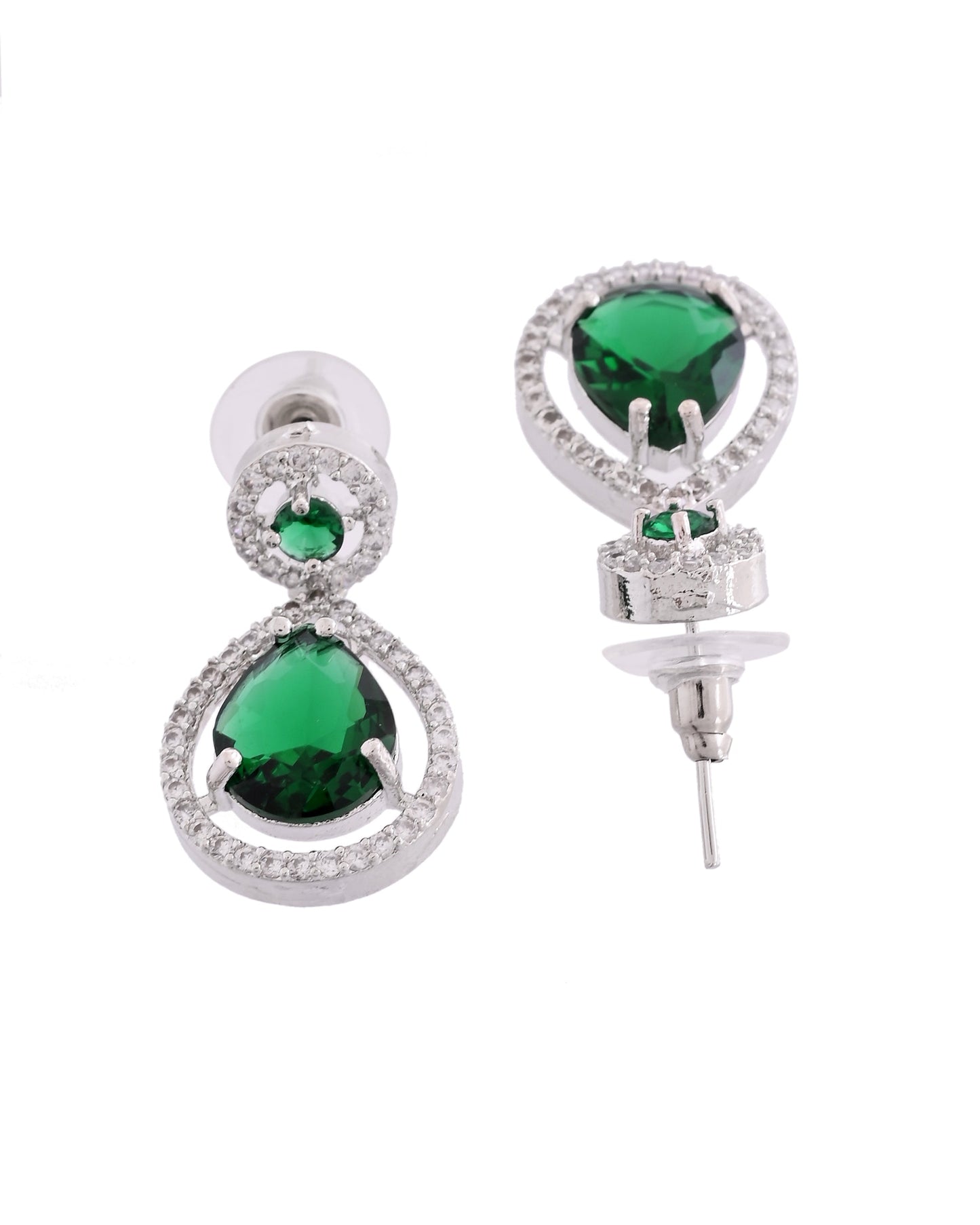 VOJ Silver Plated Green Stone Studded Teardrop Shaped Earrings - Swadesiicart