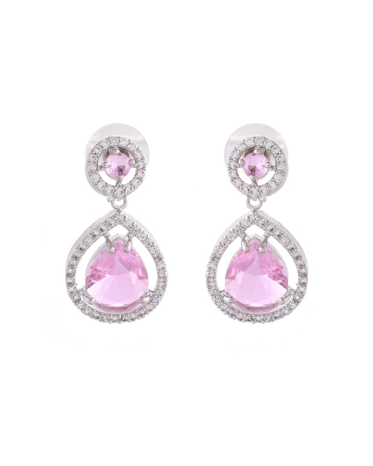 VOJ Silver Plated Baby Pink Stone Studded Teardrop Shaped Earrings - Swadesiicart