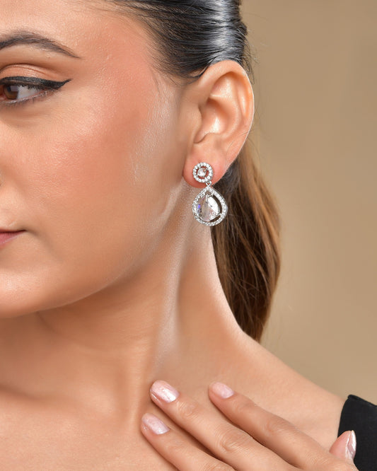 VOJ Silver Plated Stone Studded Teardrop Shaped Earrings - Swadesiicart