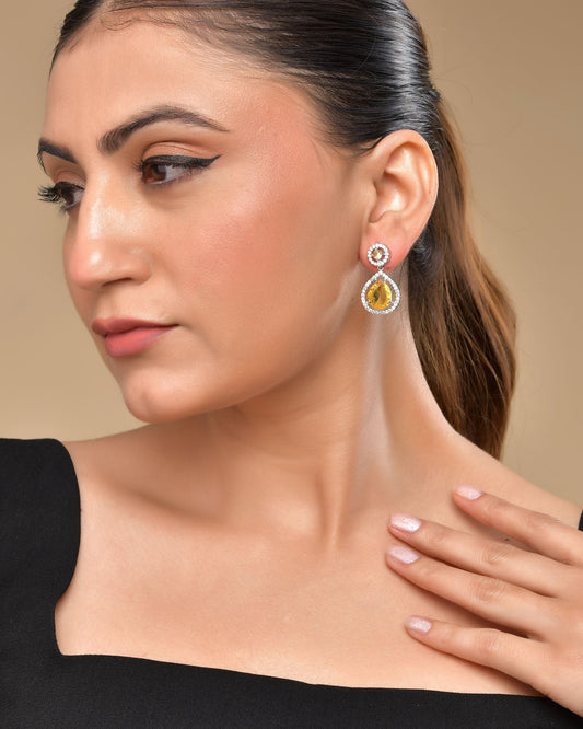 VOJ Silver Plated Yellow Stone Studded Teardrop Shaped Earrings - Swadesiicart
