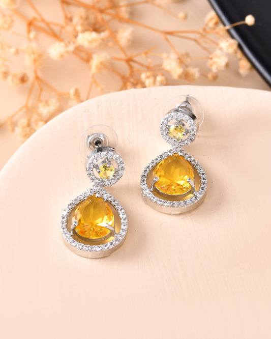 VOJ Silver Plated Yellow Stone Studded Teardrop Shaped Earrings - Swadesiicart