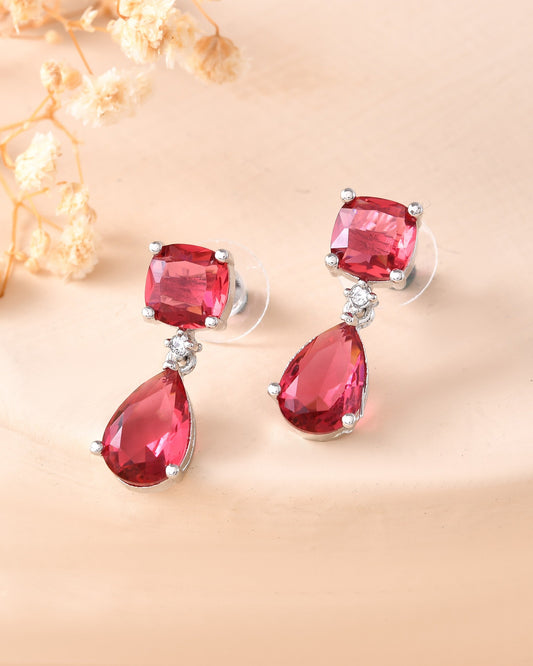 VOJ Silver Plated Red Stone Studded Studs Earrings - Swadesiicart