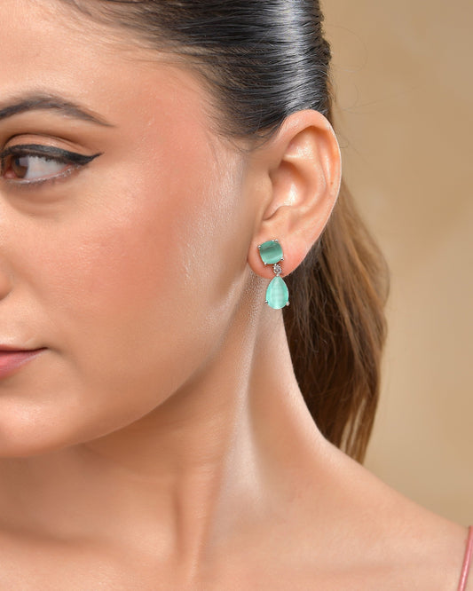VOJ Silver Plated Sea Green Stone Studded Studs Earrings - Swadesiicart