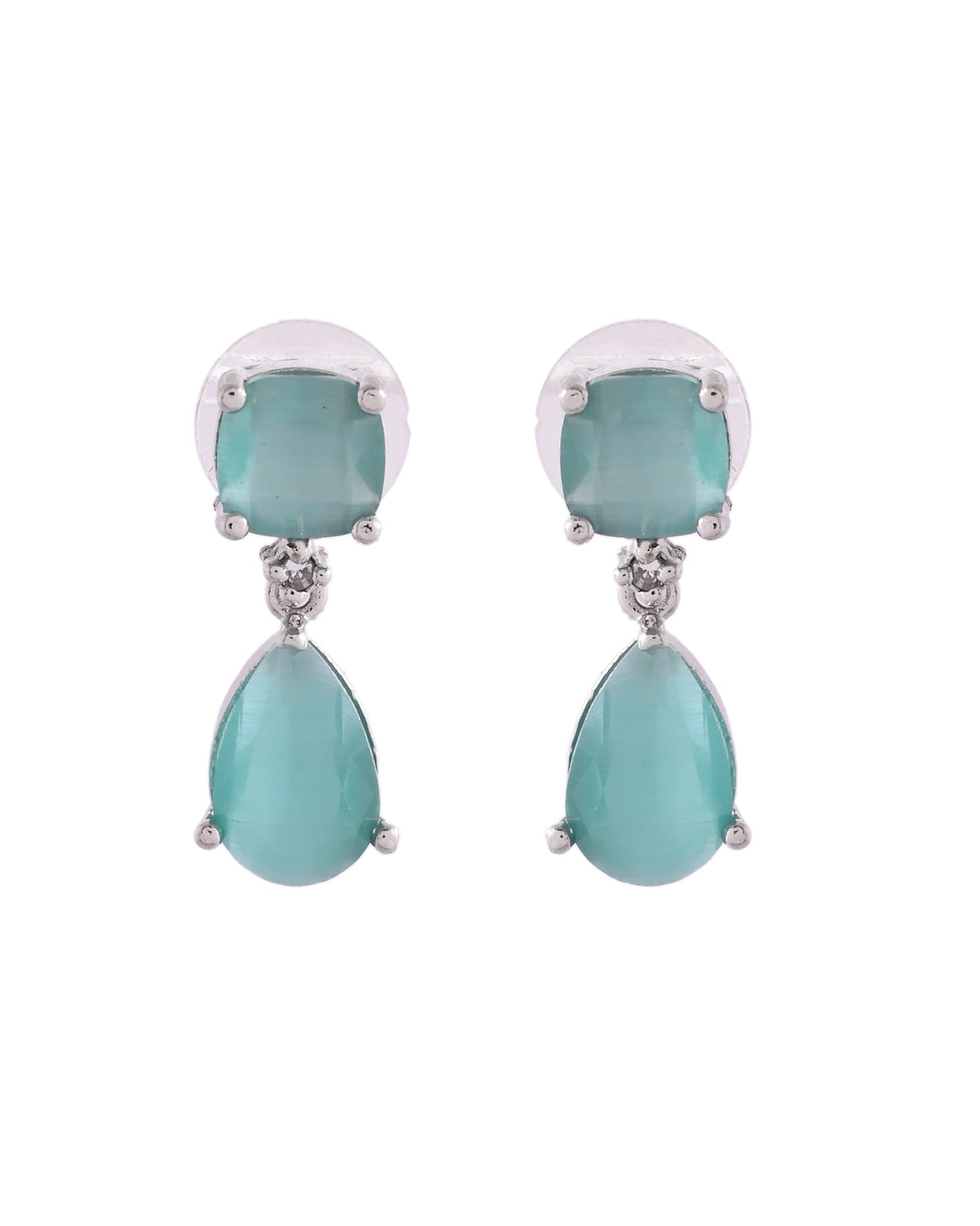 VOJ Silver Plated Sea Green Stone Studded Studs Earrings - Swadesiicart