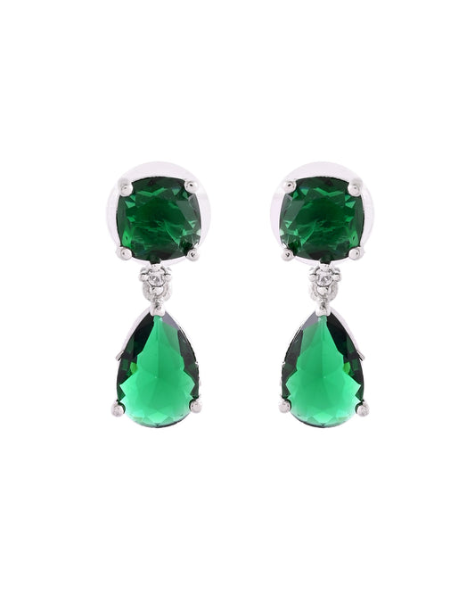 VOJ Silver Plated Green Stone Studded Studs Earrings - Swadesiicart