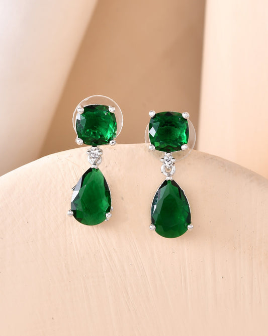 VOJ Silver Plated Green Stone Studded Studs Earrings - Swadesiicart