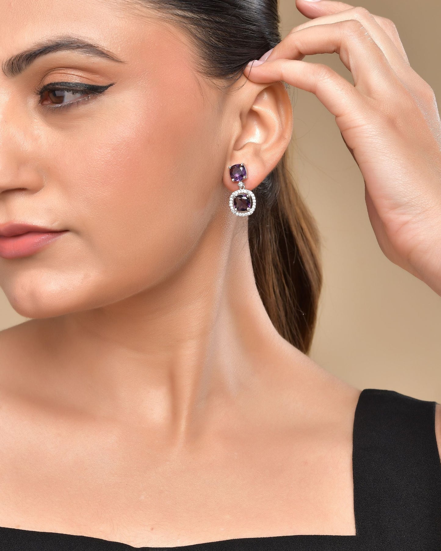 VOJ Silver Plated Purple Stone Geometrical Shaped Earrings - Swadesiicart