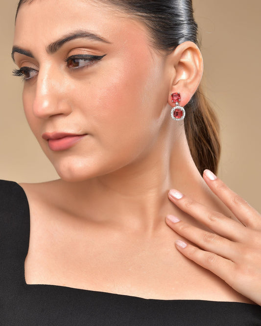 VOJ Silver Plated Red Stone Geometrical Shaped Earrings - Swadesiicart