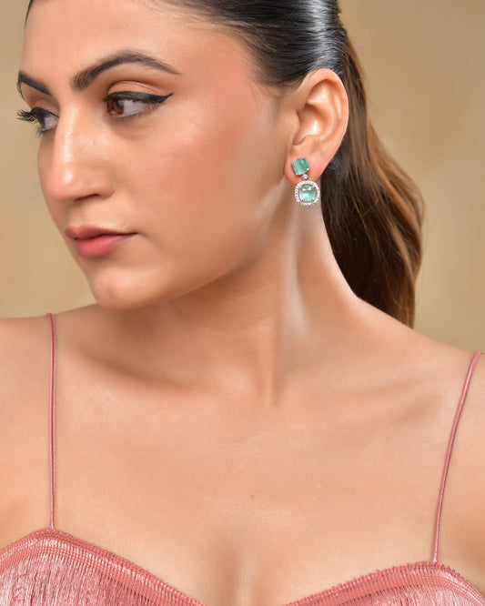 VOJ Silver Plated Sea Green Stone Geometrical Shaped Earrings - Swadesiicart