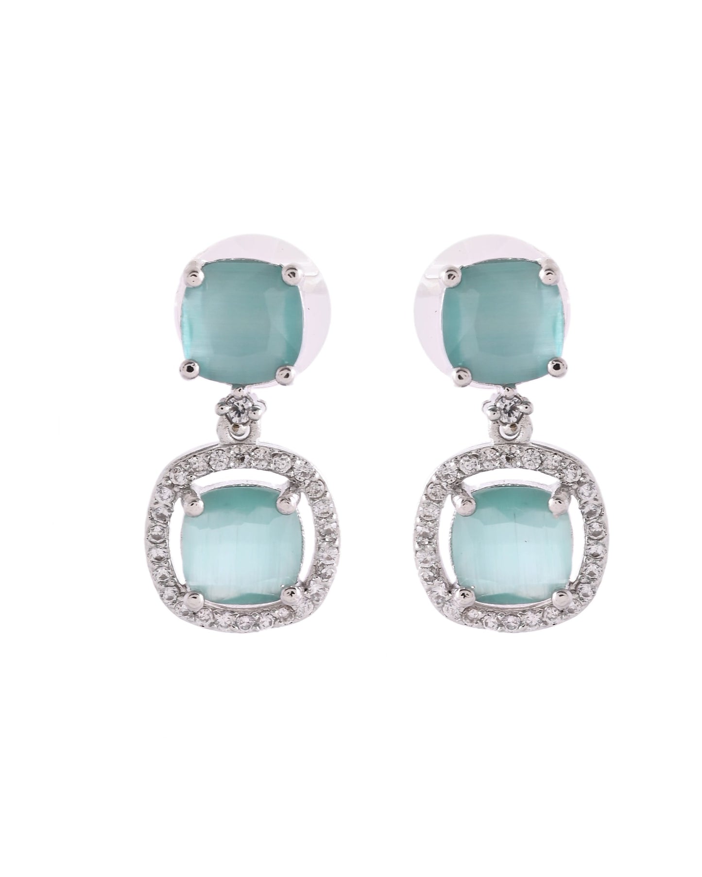 VOJ Silver Plated Sea Green Stone Geometrical Shaped Earrings - Swadesiicart
