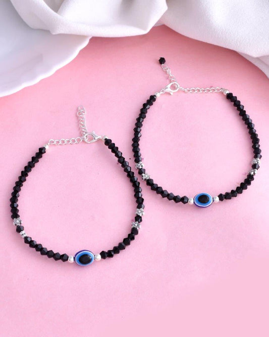 VOJ Set of 2 Silver Plated Beads Evil Eye Anklet - Swadesiicart
