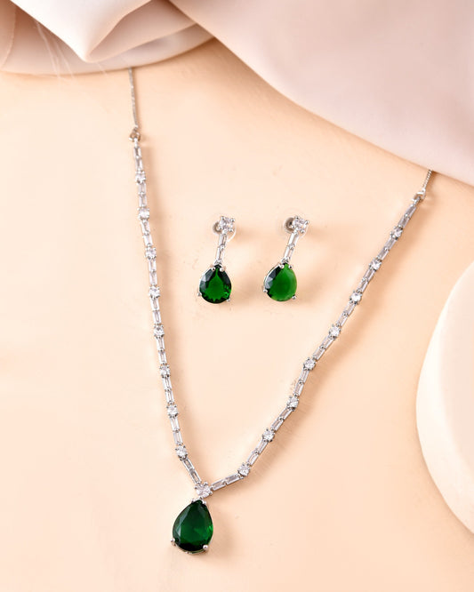 VOJ Silver Plated Green Teardrop Stone Studded Simple Jewellery Set - Swadesiicart