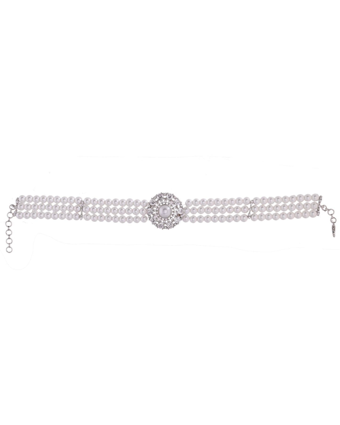 VOJ Silver Plated Pearl And Ad Stone Studded Choker Necklace With Earrings Set | Swadesiicart