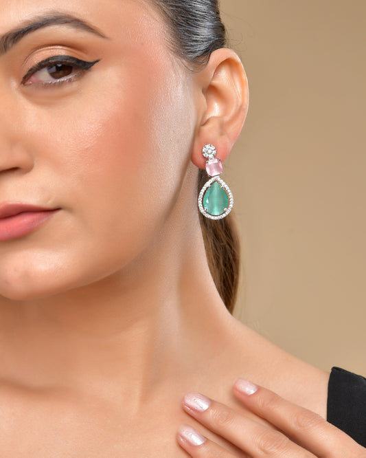 VOJ Silver Plated Teal And Pink Stone Studded Elegant Earrings - Swadesiicart