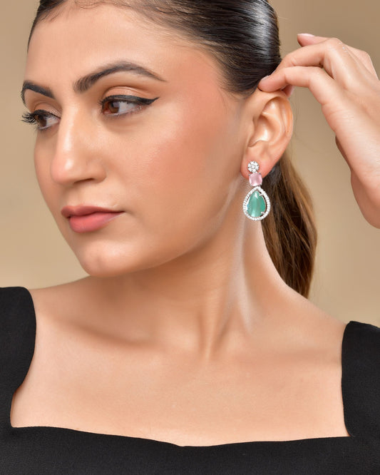 VOJ Silver Plated Teal And Pink Stone Studded Elegant Earrings - Swadesiicart