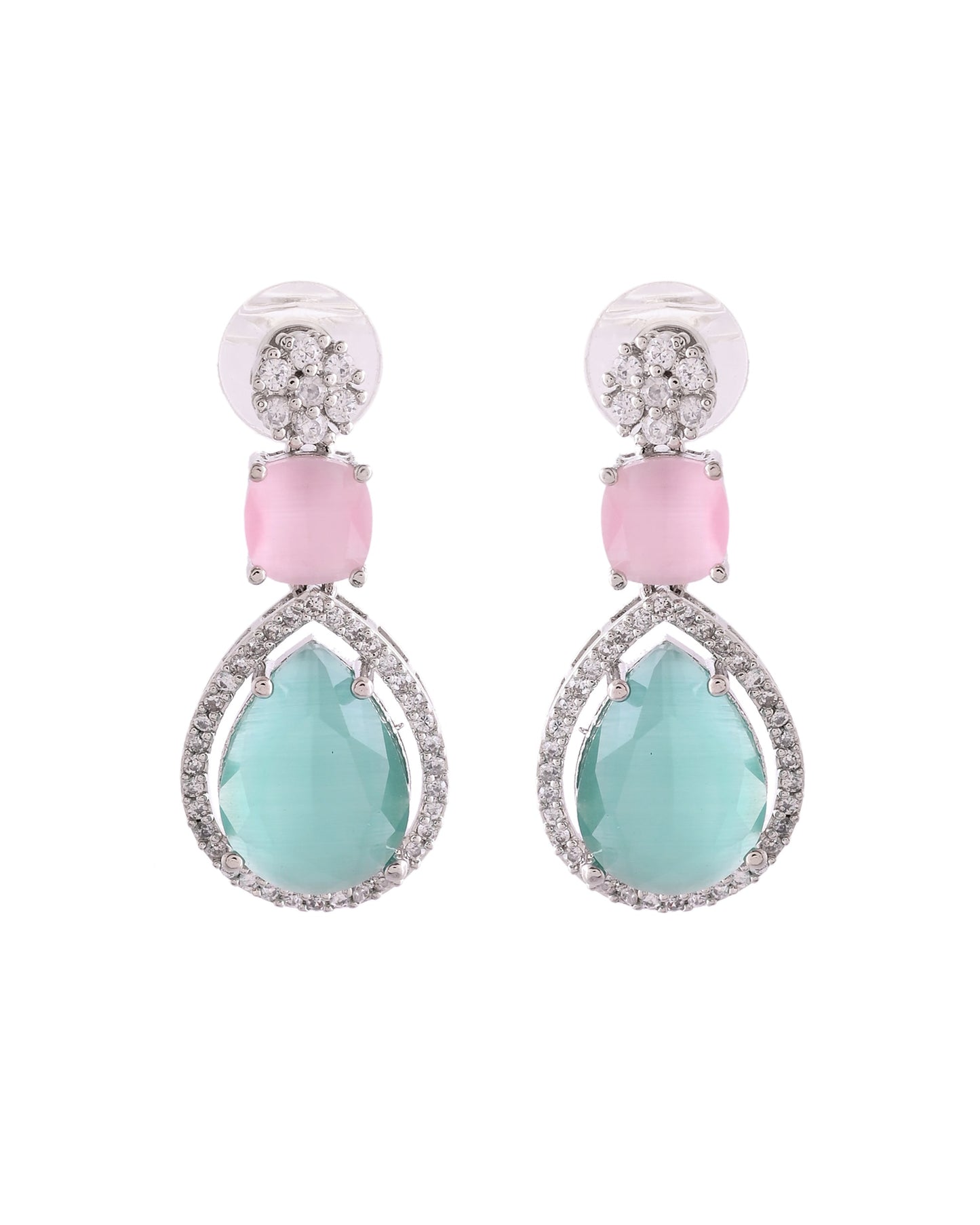 VOJ Silver Plated Teal And Pink Stone Studded Elegant Earrings - Swadesiicart