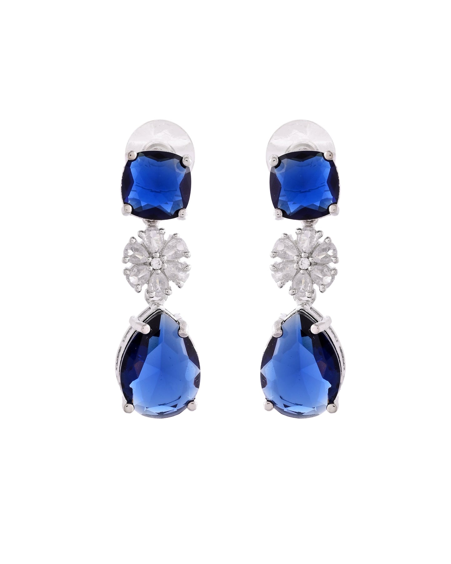 VOJ Silver Plated Blue Stone Studded Floral Shaped Studs Earrings - Swadesiicart