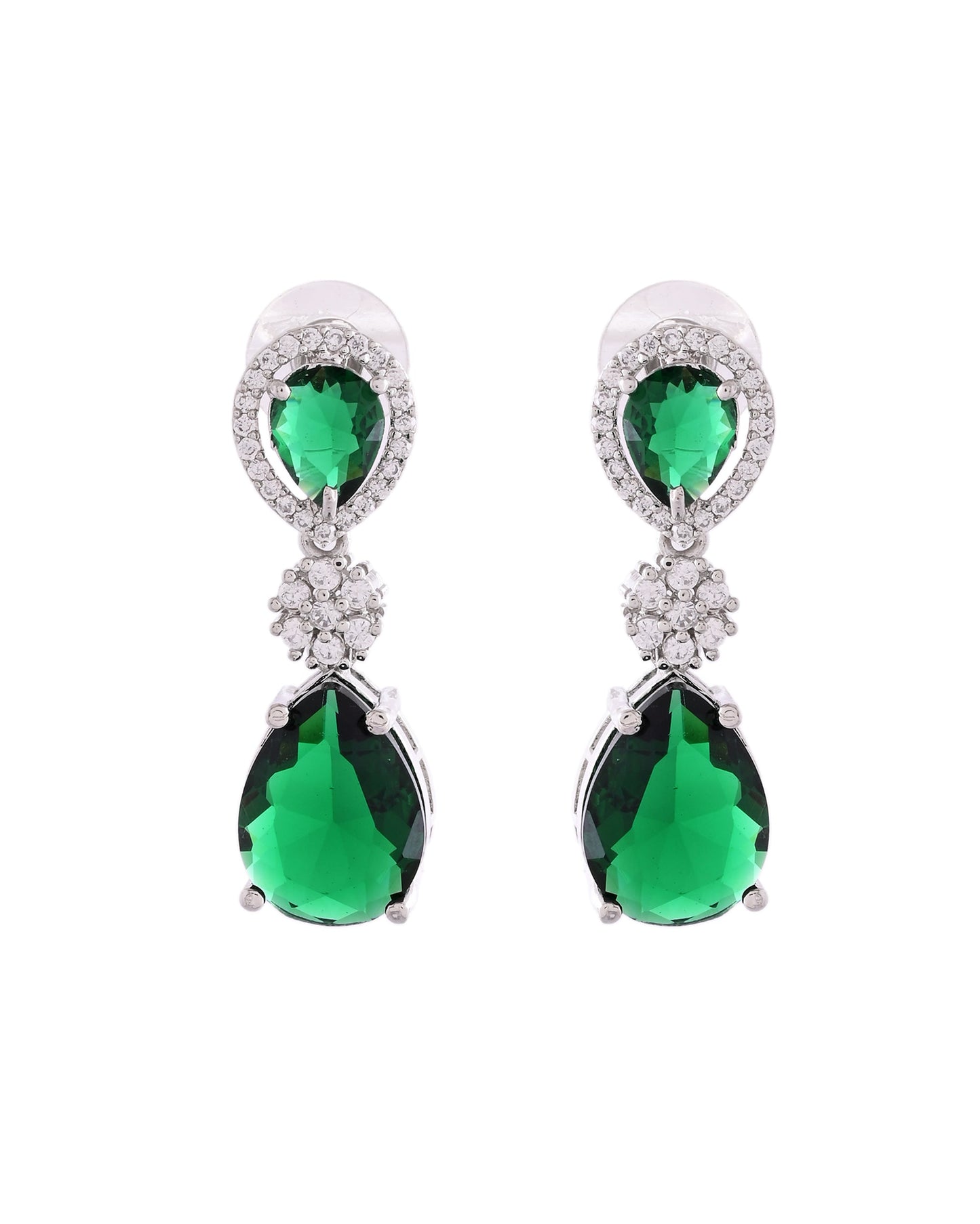VOJ Silver Plated Green Stone Studded Floral Shaped Studs Earrings - Swadesiicart