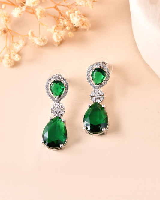 VOJ Silver Plated Green Stone Studded Floral Shaped Studs Earrings - Swadesiicart