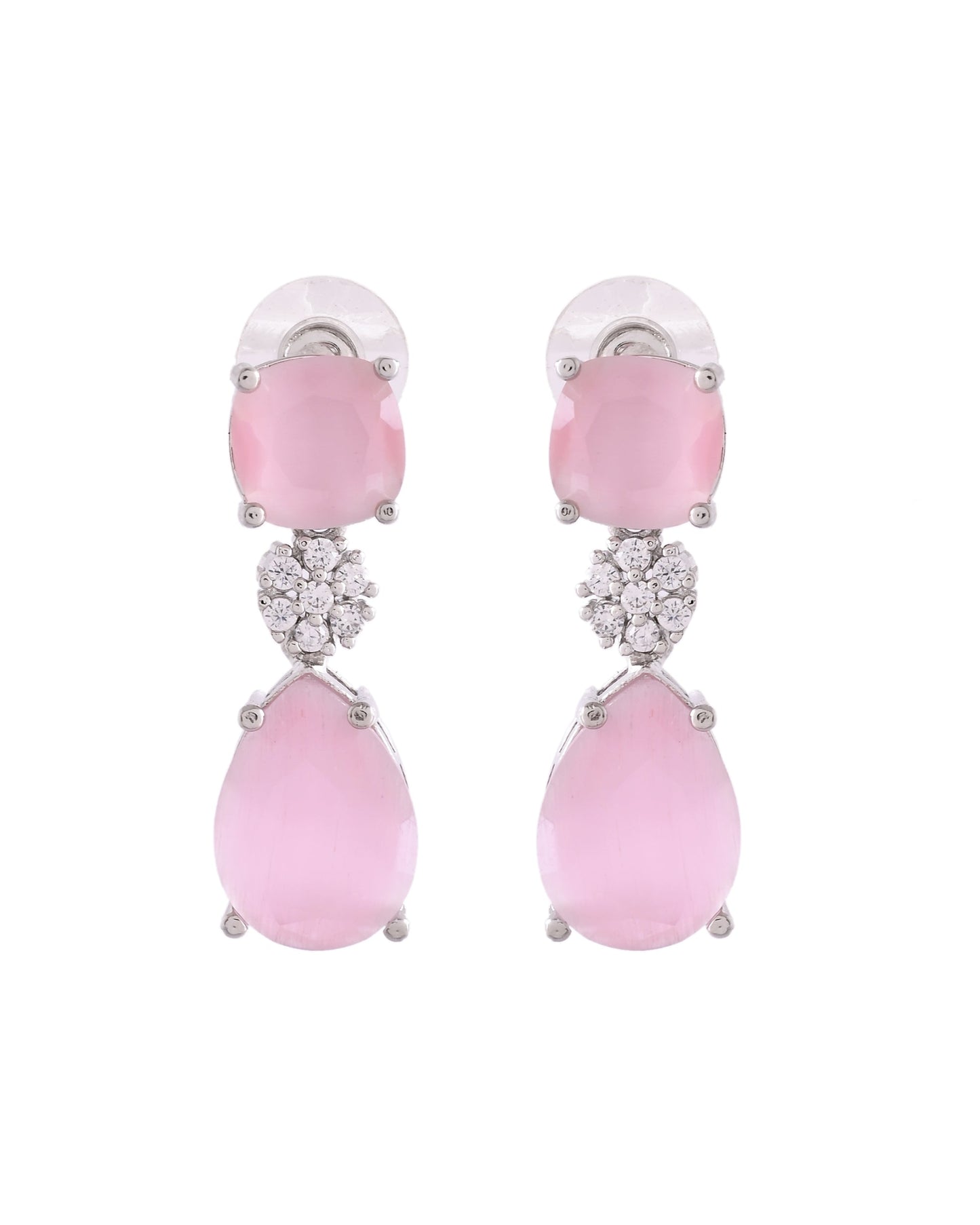 VOJ Silver Plated Baby Pink Stone Studded Floral Shaped Studs Earrings - Swadesiicart