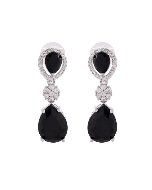 VOJ Silver Plated Black Stone Studded Floral Shaped Studs Earrings - Swadesiicart