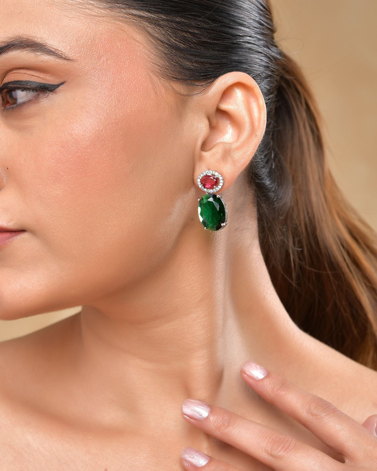 VOJ Silver Plated Green And Red Stone Studded Elegant Ad Earrings - Swadesiicart