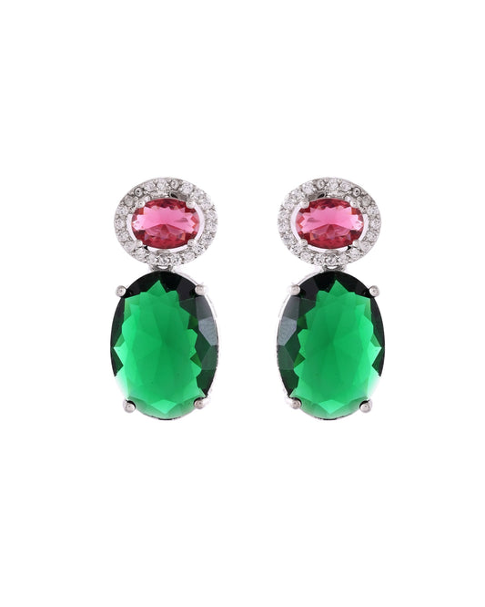 VOJ Silver Plated Green And Red Stone Studded Elegant Ad Earrings - Swadesiicart