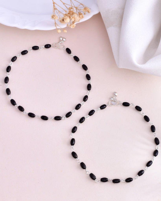 VOJ Set of 2 Silver Plated Black Beads Anklets - Swadesiicart