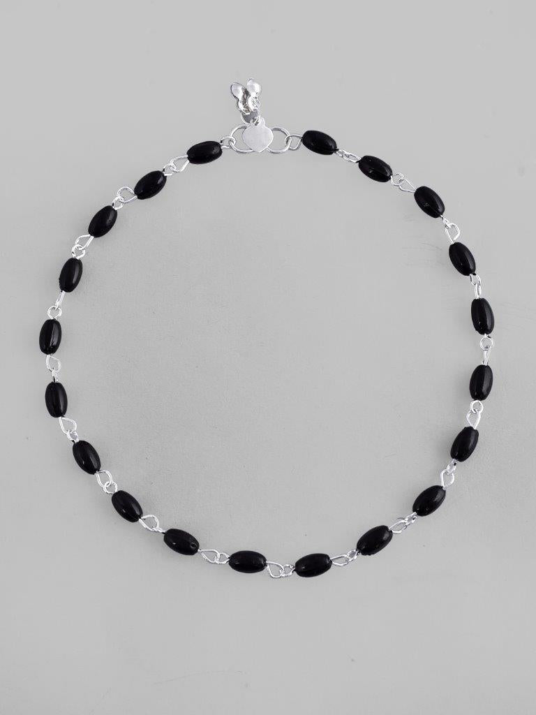 VOJ Set of 2 Silver Plated Black Beads Anklets - Swadesiicart