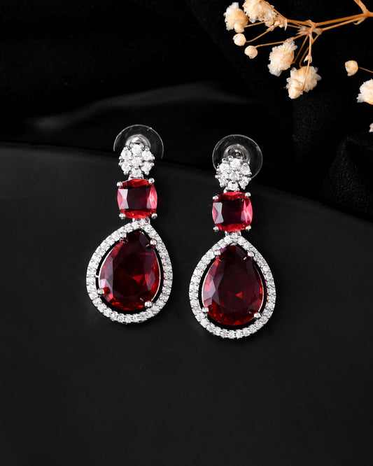 VOJ Silver Plated Red Stone Studded Ad Earrings - Swadesiicart