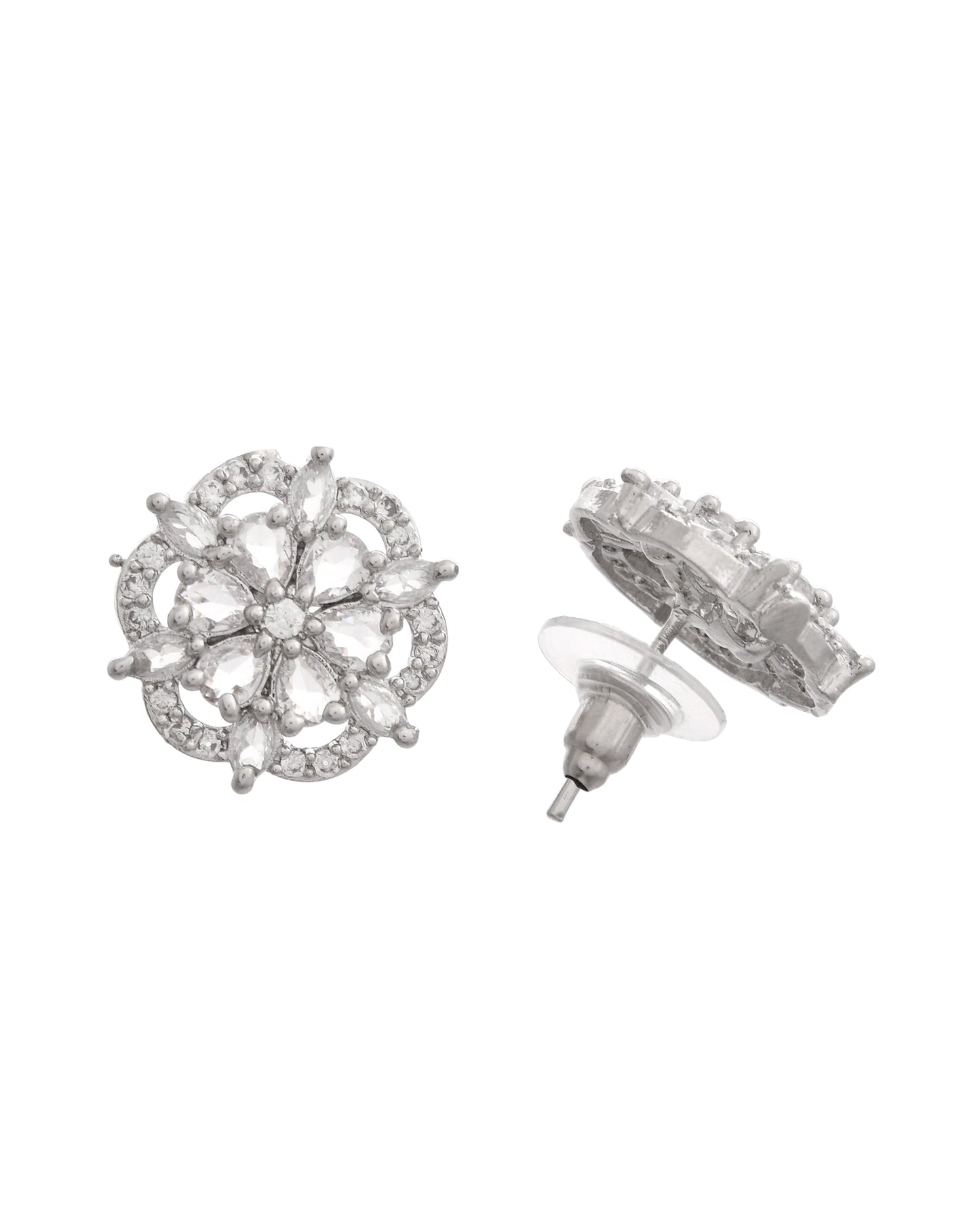 VOJ Silver Plated Floral Shape Ad Stone Studded Studs Earrings - Swadesiicart
